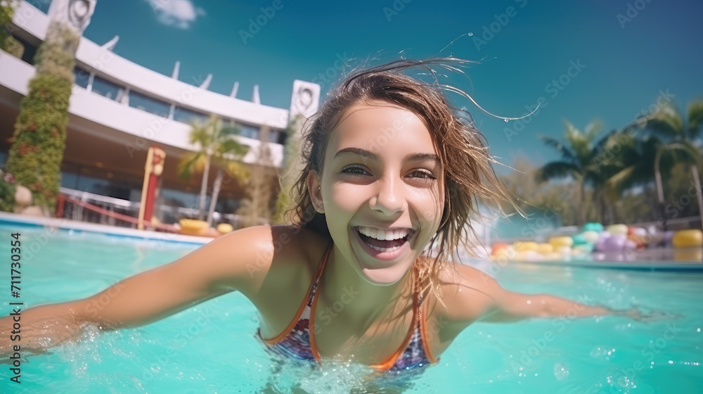 Teenager smiling young girl in summer having fun at the public outdoor pool. Hot day, water fun at the swimming pool, refreshment.