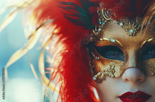 Mystical Red and Gold Carnival Mask with Feathers and Ethereal Light - carnivals - background - festivity
