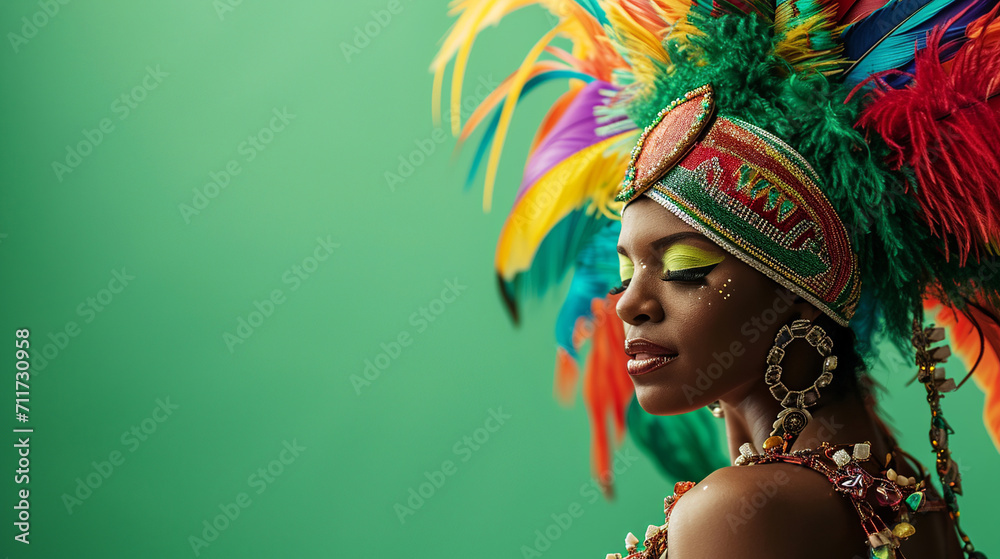 Regal Carnival Dancer with Lush Feathers and Bejeweled Headband - carnivals - background - festivity
