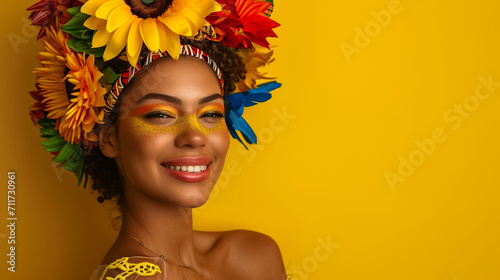 Carnival’s Floral Elegance: A Person Adorned with a Vibrant Flower Headpiece Against a Bright Yellow Backdrop - carnivals - background - festivity 