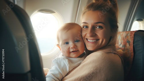 Young European smiling mother holding her infant baby sitting in an airplane cabin. Air travel with newborn baby, relaxing vacation with kids.