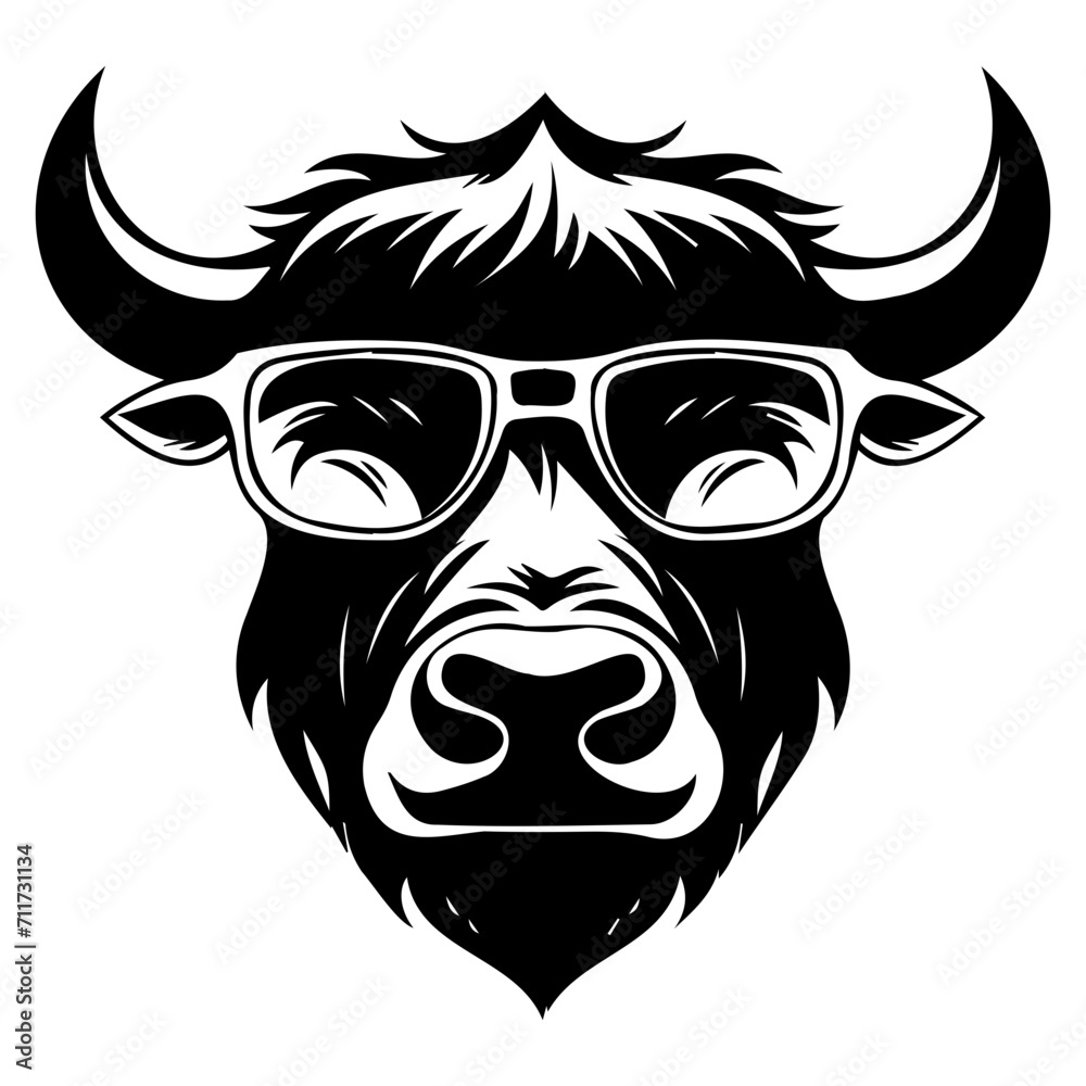 Fototapeta premium Cool buffalo wearing sunglass black silhouette logo svg vector, buffalo icon illustration.