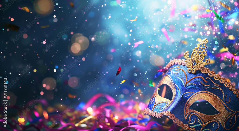 Masquerade Mystique: Elegant Venetian Mask Amidst Sparkling Confetti - carnivals - background - festivity
 - obrazy, fototapety, plakaty 