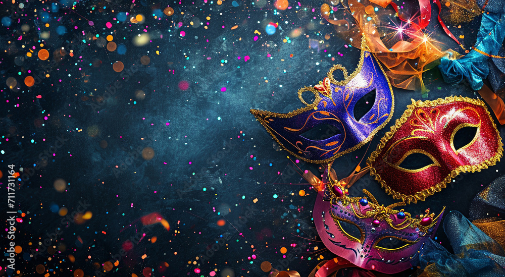 Carnival Masquerade: Three Vibrant Masks Against a Starry, Magical Background - carnivals - festivity
