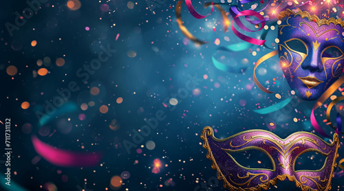 Mystical Carnival: Ornate Masks Floating Amidst Glowing Orbs and Colorful Ribbons - carnivals - background - festivity  © Eduardo