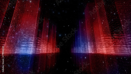 Dark red digital cityscape cyberspace network with binary numbers background. Illustration.