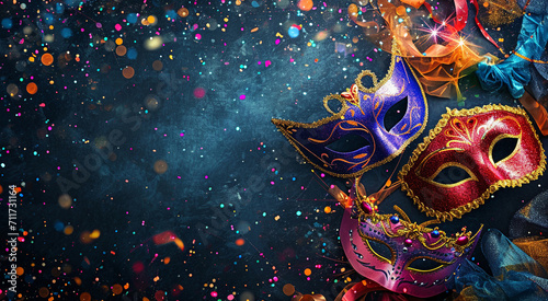 Carnival Masquerade: Three Vibrant Masks Against a Starry, Magical Background - carnivals - festivity 