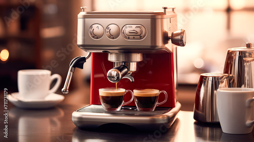 Immerse yourself in the art of coffee preparation as the cafes barista skillfully operates the coffee machine, crafting the perfect brew for your enjoyment. © Людмила Мазур