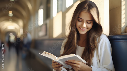Young happy smiling teenage girl student reading a book on the subway. Distance learning  self-education  the road to college.