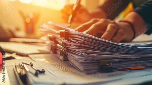 Close-up of a person's hands sorting through a large stack of papers and documents secured with black binder clips photo