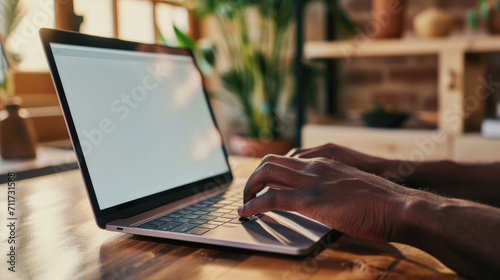 Person's hands typing on a laptop with a blank screen, set on a wooden table