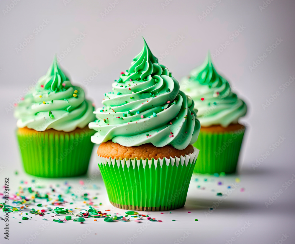 St Patrick's day, food and holidays concept. Close up of green cupcakes and bokeh