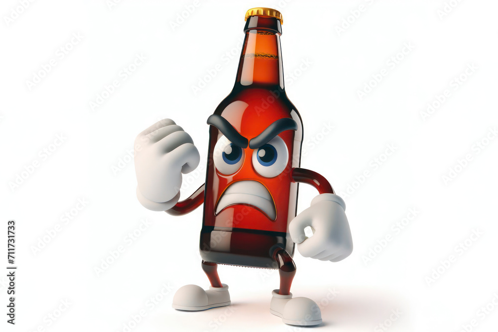 3d bottle of beer character with a angry face on a white background. ai generative