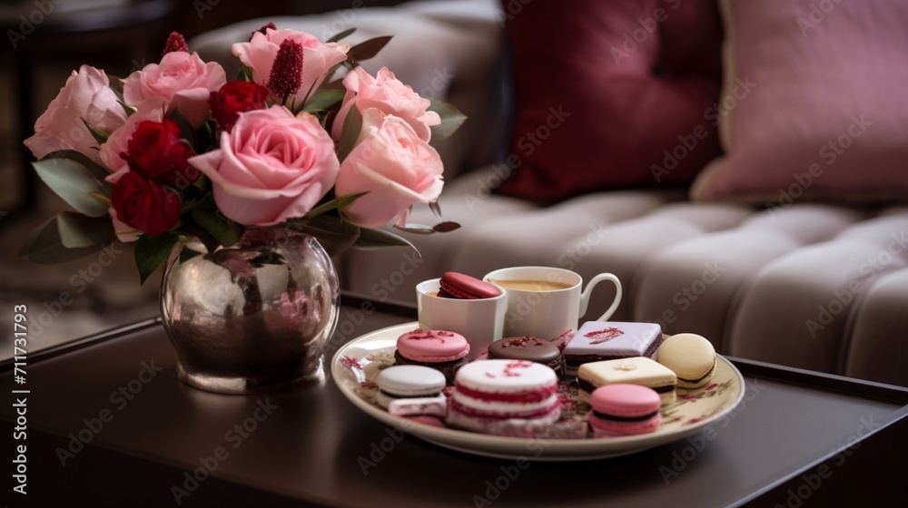 A love-themed coffee table with heart-shaped chocolates and delicate floral arrangements, presenting space for text amid the elegant Valentine's Day setting - Generative AI