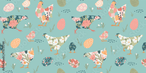 Happy Easter. Vector seamless pattern with abstract chickens © Nadia Grapes