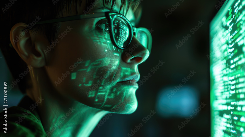 Close-up of a woman's face, with a focus on her eyes, which reflect a computer screen displaying data or code. Close-up of a woman's face, with a focus on her eyes, which reflect a computer screen displaying data or code.