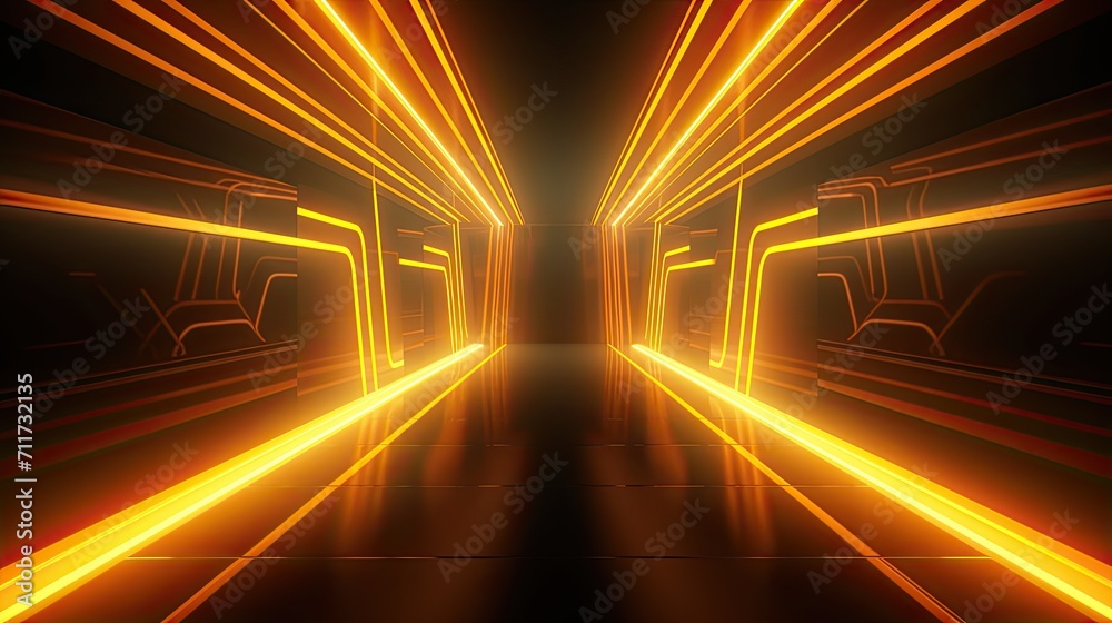Abstract neon light geometric futuristic background. Glowing neon lines. Yellow Night club empty room technology hitech modern background. banner, poster, cover Abstract neon light geometric futuristic background. Glowing neon lines. Yellow Night club empty room technology hitech modern background. banner, poster, cover