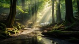 A lush green forest bathed in the morning sunlight, with rays filtering through the foliage, capturing the enchanting beauty of a woodland awakening - Generative AI
