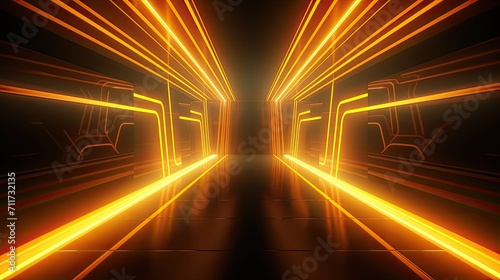 Abstract neon light geometric futuristic background. Glowing neon lines. Yellow Night club empty room technology hitech modern background. banner, poster, cover