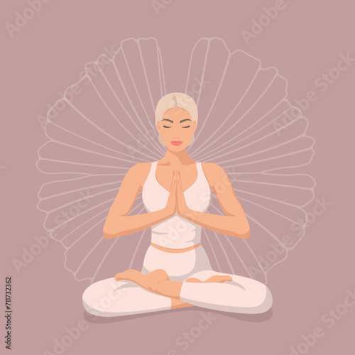 Beautiful girl in lotus position doing yoga, international yoga day. Poster. Vector illustration EPS10