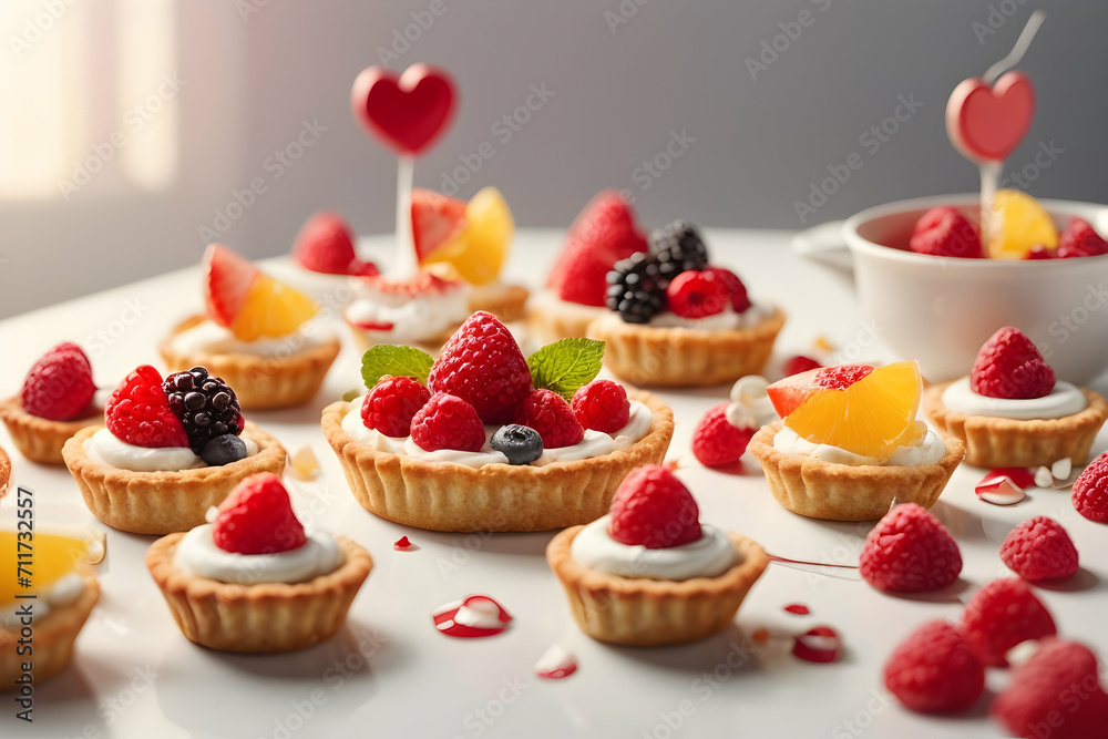 Appetizing mini-tarts, assorted desserts on a minimalistic white kitchen background. Delicious sweets. Generative AI.