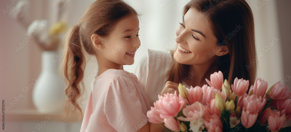 little daughter is holding nice flowers for her amazed cheerful joyful charming mom little daughter is holding nice flowers for her amazed cheerful joyful charming mom