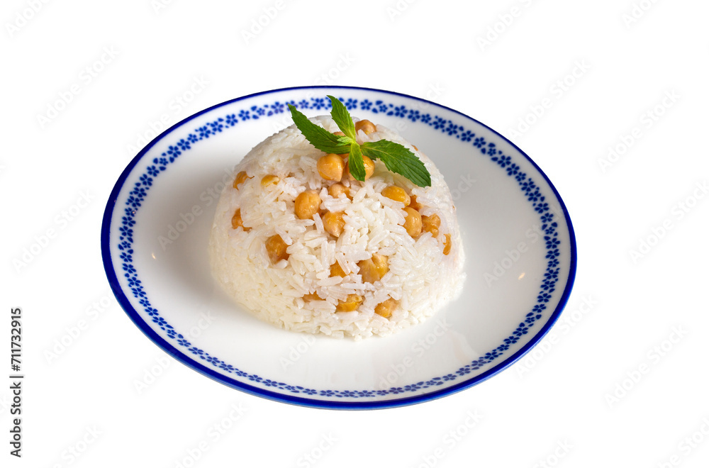 Turkish Rice with chickpea served, Turkish name; Nohutlu pilav or pilaf Turkish Rice with chickpea served, Turkish name; Nohutlu pilav or pilaf