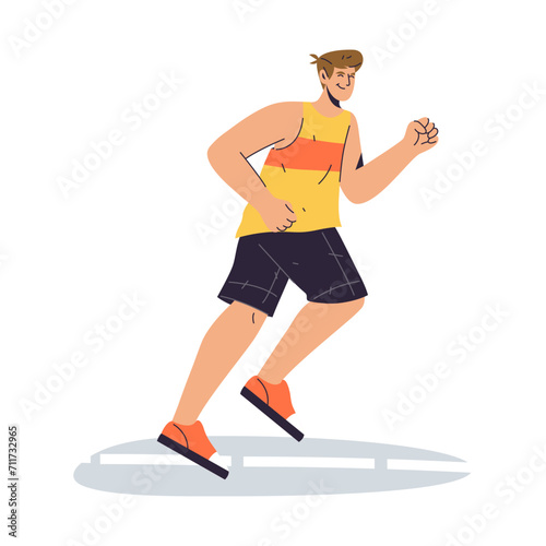 Isolated running man. Vector image of runner at marathon. Flat cartoon sportsman. Outdoor athletic race. Sprinter exercise or scamper training. Fitness workout or competition clipart. Speed jog or run © Elegant Solution