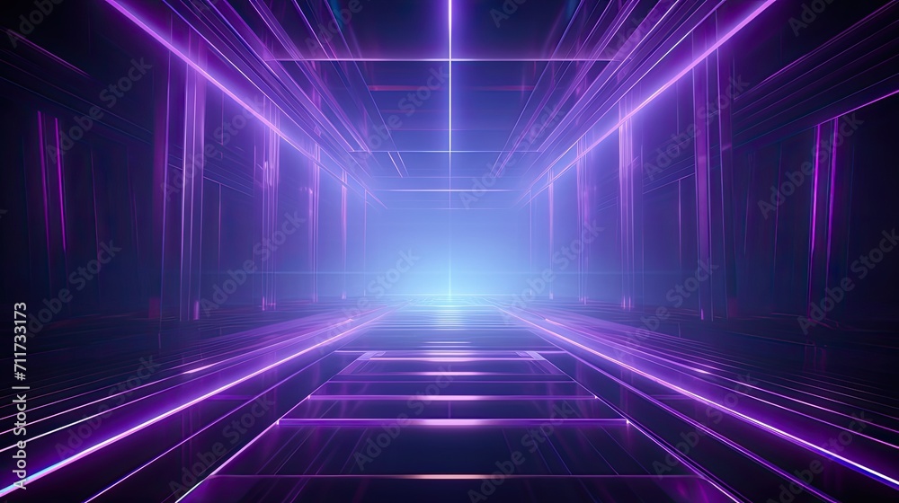 Abstract neon light geometric futuristic background. Glowing neon lines.  Purple Night club empty room technology hitech modern background. banner, poster, cover	