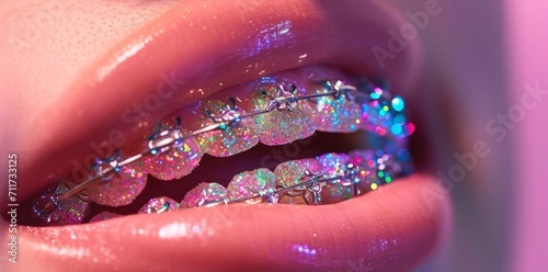 shiny braces on white teeth close up, rainobw bright make up lips, fashion and stylish mood
