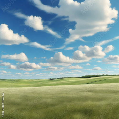 green grass and blue sky,field,landscape,green,meadow,nature,Ai generated 