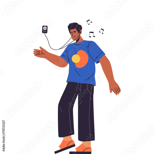 Man listening music with audio player. Vector isolated male dancing in headphones. Cartoon flat character listen song and dance. People with earphones illustration at recreation or relaxing. Person