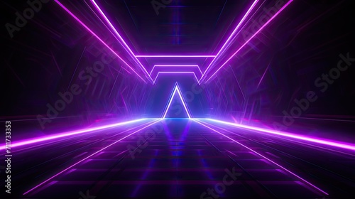 Abstract neon light geometric futuristic background. Glowing neon lines.  Purple Night club empty room technology hitech modern background. banner, poster, cover	 photo