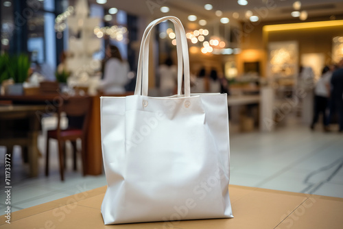 White shopping bag on table in shopping mall, shallow depth of field photo