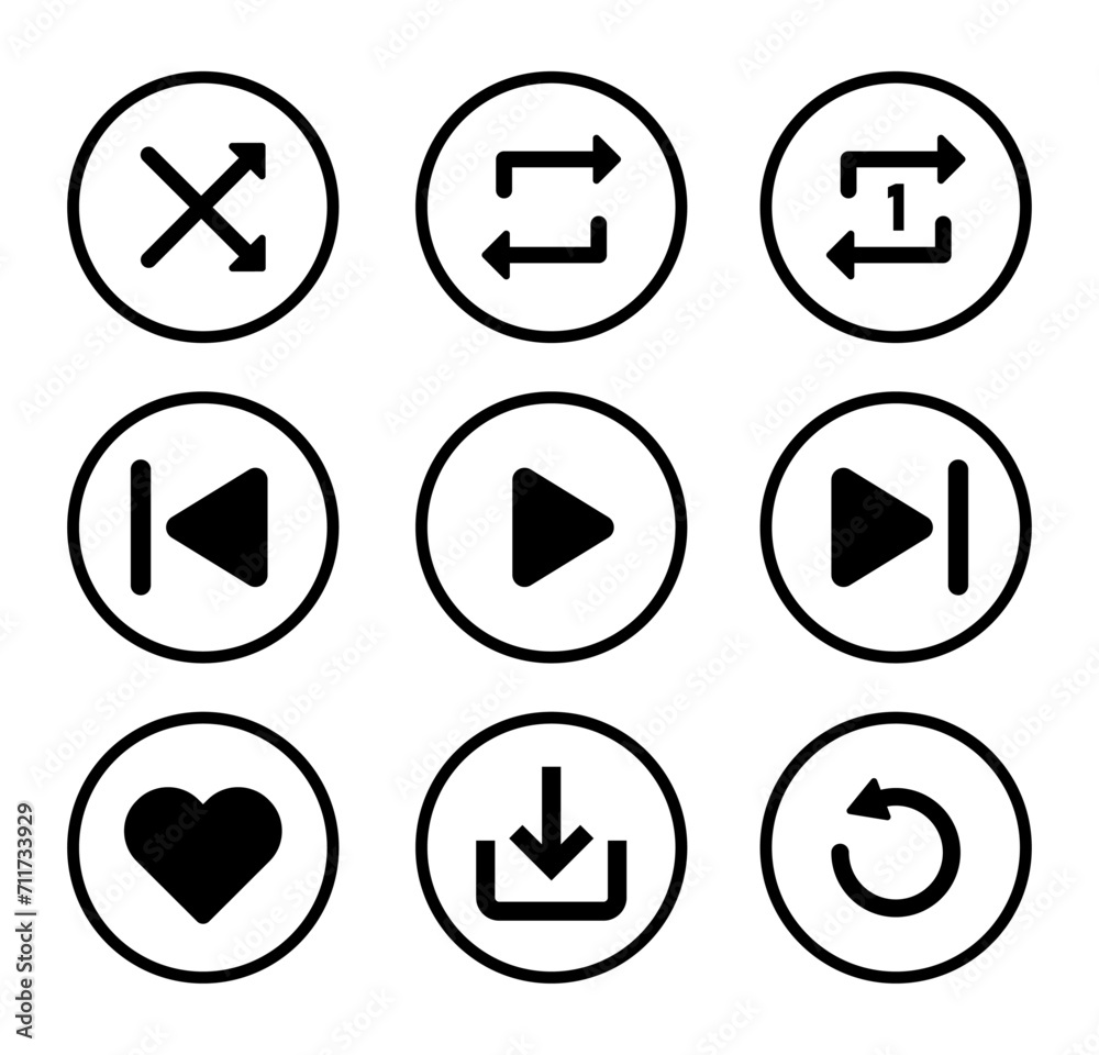 Music player icon set of nine in fill and outline color on white background. Play, pause, next, previous, like, download, repeat, loop, shuffle icon collection for music player interface - Vector Icon Music player icon set of nine in fill and outline color on white background. Play, pause, next, previous, like, download, repeat, loop, shuffle icon collection for music player interface - Vector Icon