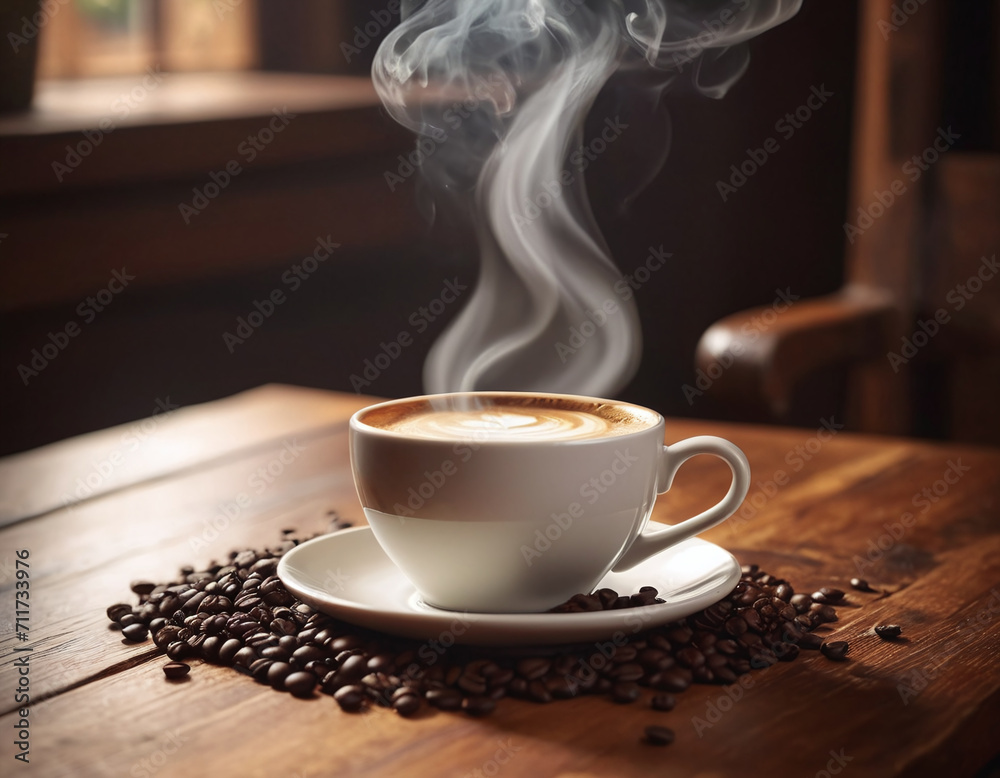 Cup of coffee on a wooden table generated by AI Cup of coffee on a wooden table generated by AI