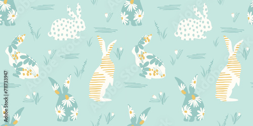 Happy Easter. Vector seamless pattern with abstract rabbits.