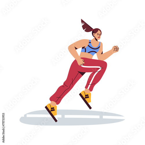Scamper woman vector illustration. Isolated female runner or sprinter. Girl at running workout or doing jogging exercise. Sport jog or run activity, marathon sport. Sportswoman at sprint.