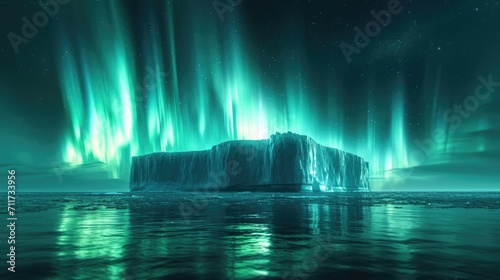 Arctic Night, Panoramic View of an Iceberg Under the Northern Lights, Serene and Majestic, Highlighting the Quiet Beauty of Polar Regions. Extreme cold