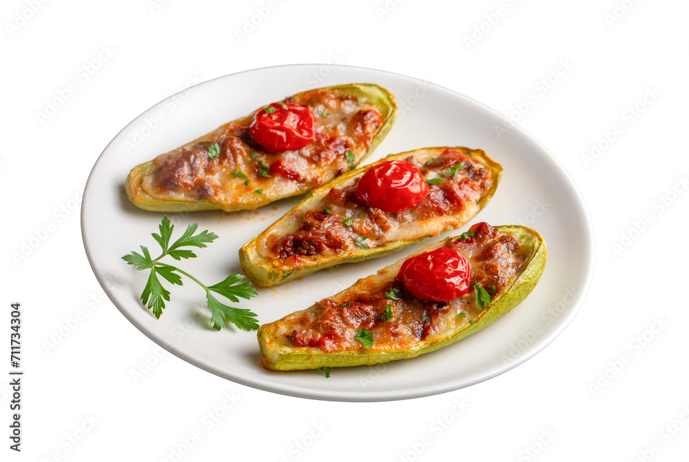 Zucchini stuffed with meat, vegetables and cheese. Zucchini boats. Turkish name; kabak sandal Zucchini stuffed with meat, vegetables and cheese. Zucchini boats. Turkish name; kabak sandal