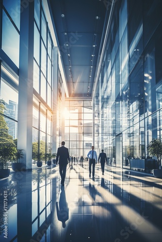 Business professionals walking in a modern office building