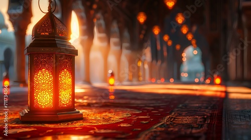 Lantern in the mosque. Ramadan Kareem greeting card.