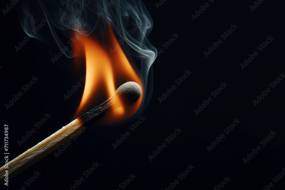 A closeup of a burning wooden match on black background. ai generative