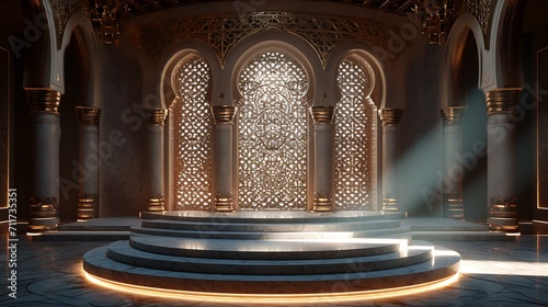 3D rendering of a beautiful illuminated marble stage in a mosque.
