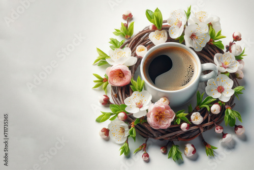 coffee cup entwined with blooming spring flowers on a white background. ai generative