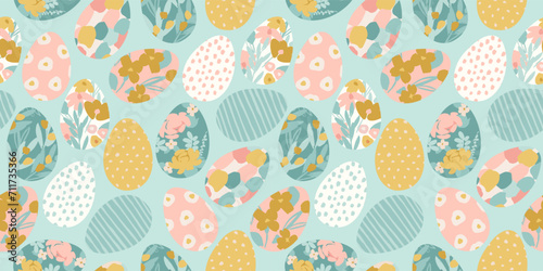 Happy Easter. Vector seamless pattern. Easter eggs with abstract flowers.