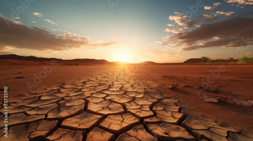 Harsh of dry environment by drought and adverse climate conditions. Cracked and broken terrain reflects impact and lack of water creating barren