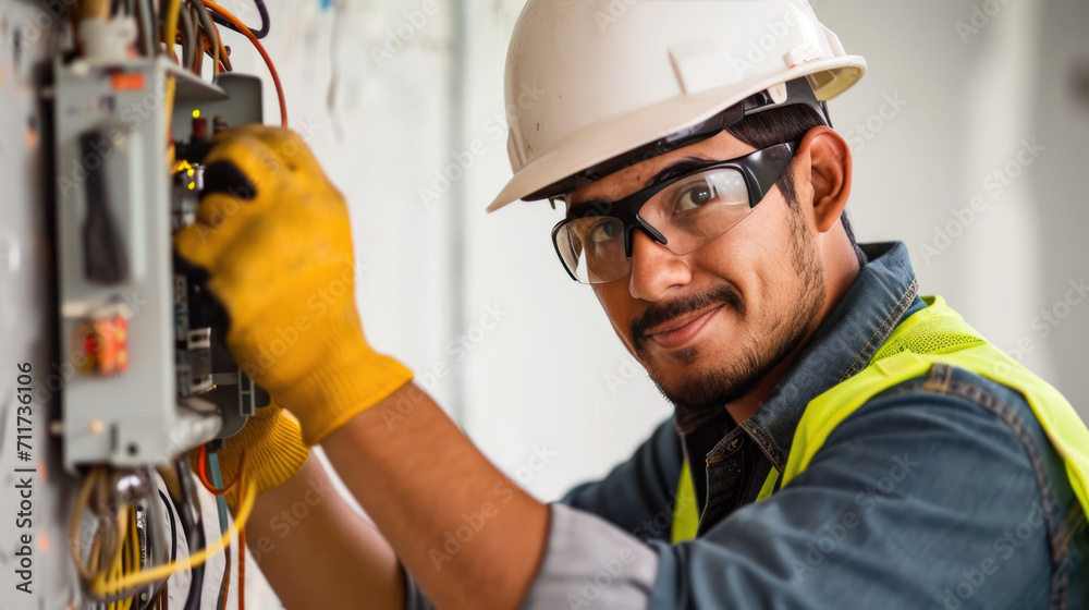 A professional electrician is smiling while working on a complex electrical panel A professional electrician is smiling while working on a complex electrical panel