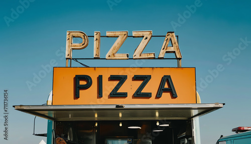 Old sign on street with the word Pizza. Generative AI