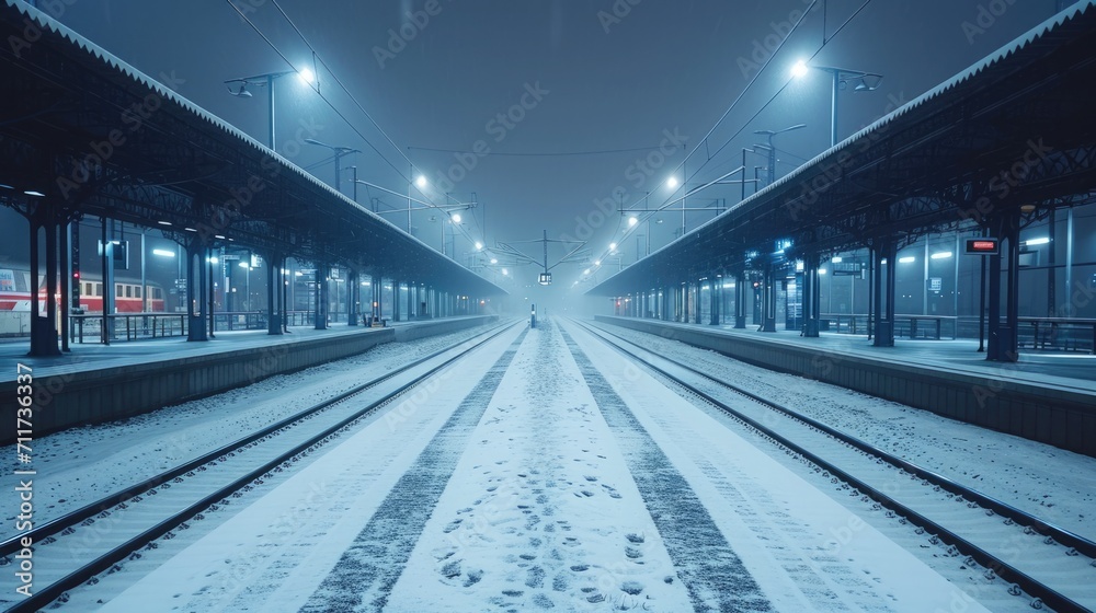 Chilled Transit, Wide Shot of a Snow-Covered Train Station, Platforms Icy and Empty, Evoking the Silence and Stillness of Public Transport in Winter